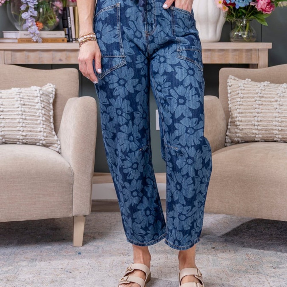 Risen Floral-Pattern Denim Barrel Jeans